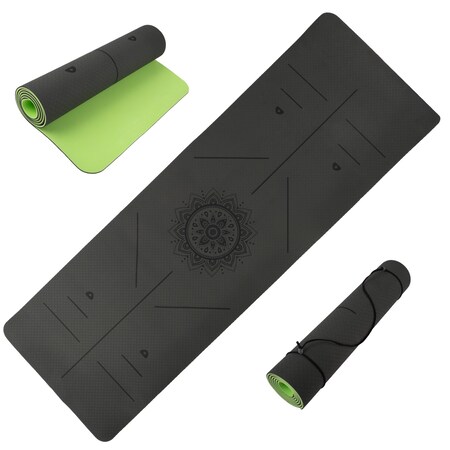 Wakeman Yoga Mat with Alignment Marks - Lightweight Exercise Mat with Carry Strap Gray & Green 80-FIT1001